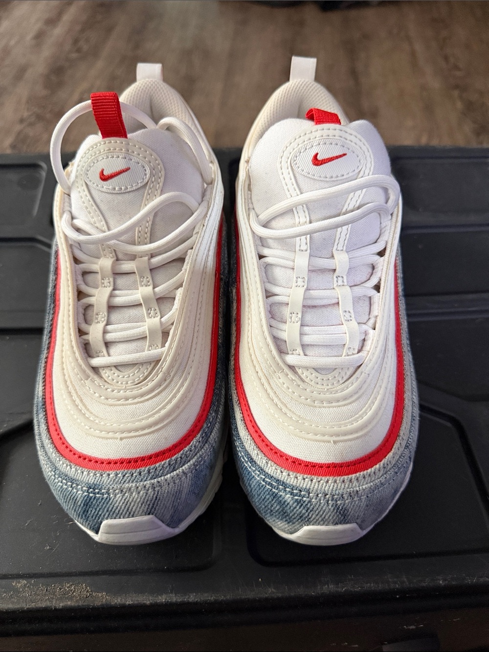 Nike Women’s White, Red and Blue Denim-Accent Sneakers